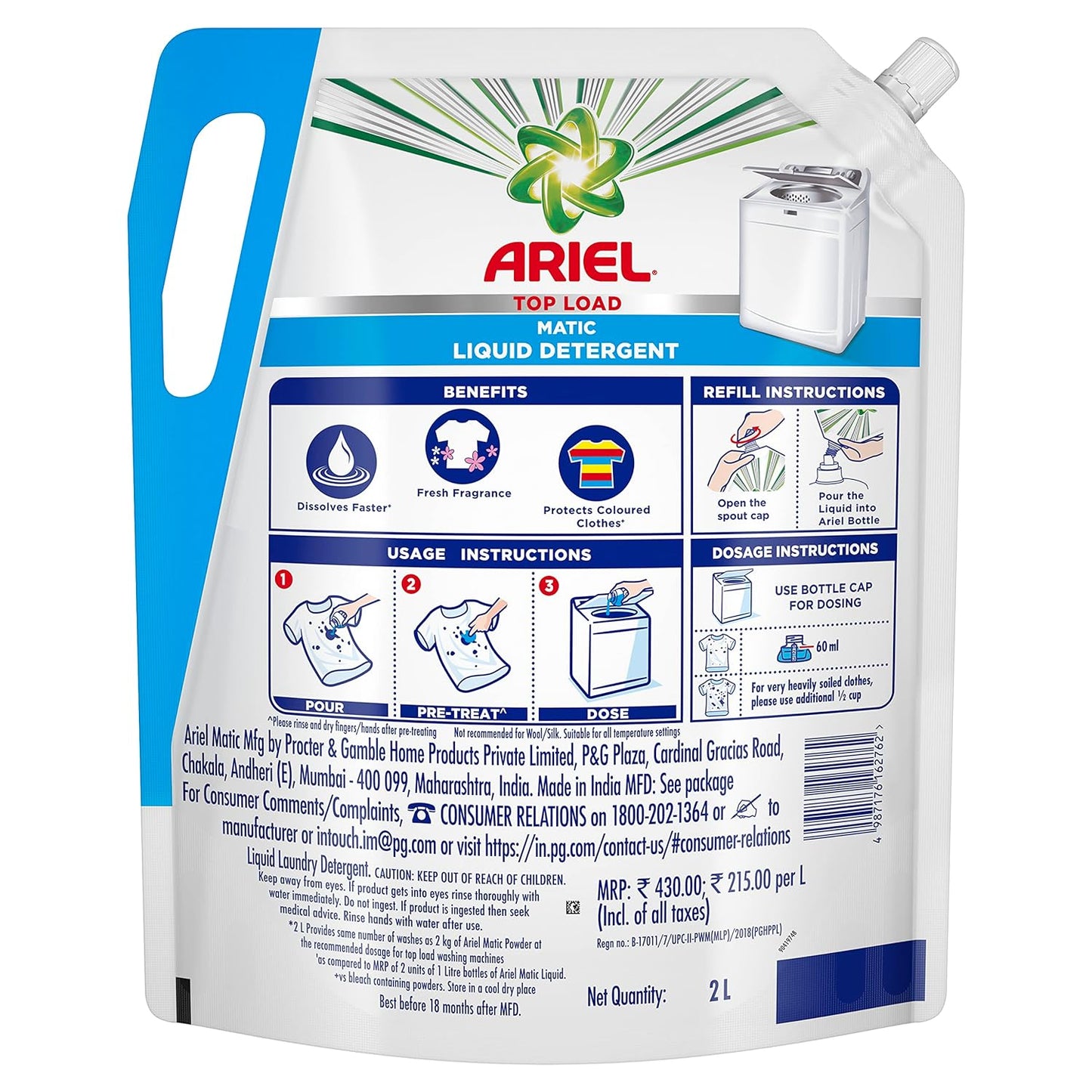 Ariel/ Top Load/ Matic Liquid Detergent(2Lt)(Pouch)