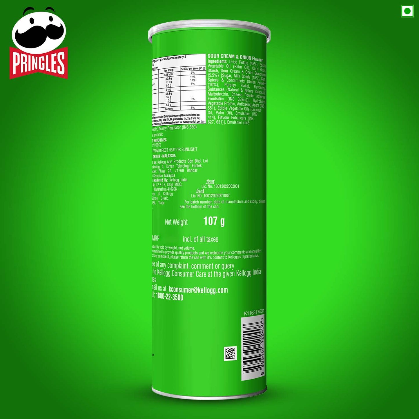 PRINGLES/ POTATO CHIPS/ SOUR CREAM & ONION FLAVOUR (107gm)