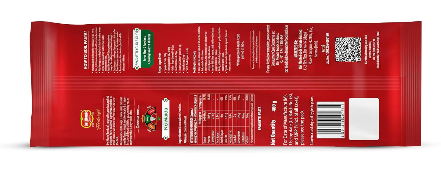 Del Monte/ Foodcraft - Spaghetti(400gm) - 100% Durum Wheat - No Maida