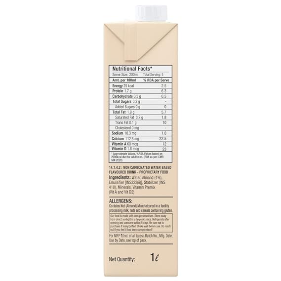Epigamia/ Almond Beverage Unsweetened Milk/ Dairy Free(1ltr)