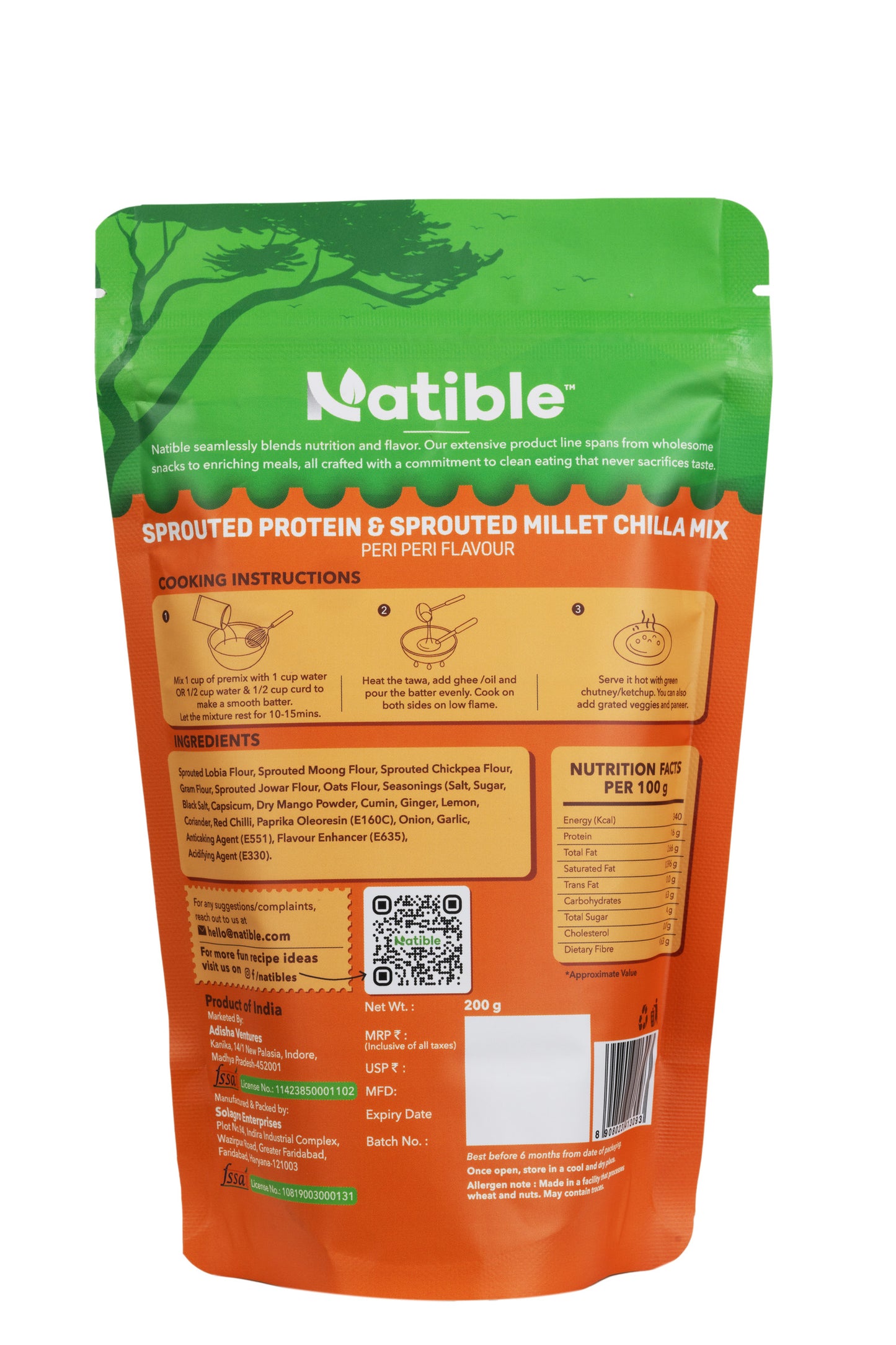 Natible/ Sprouted Protein & Sprouted Millet Chilla Mix Peri Peri Flavour(200gm)