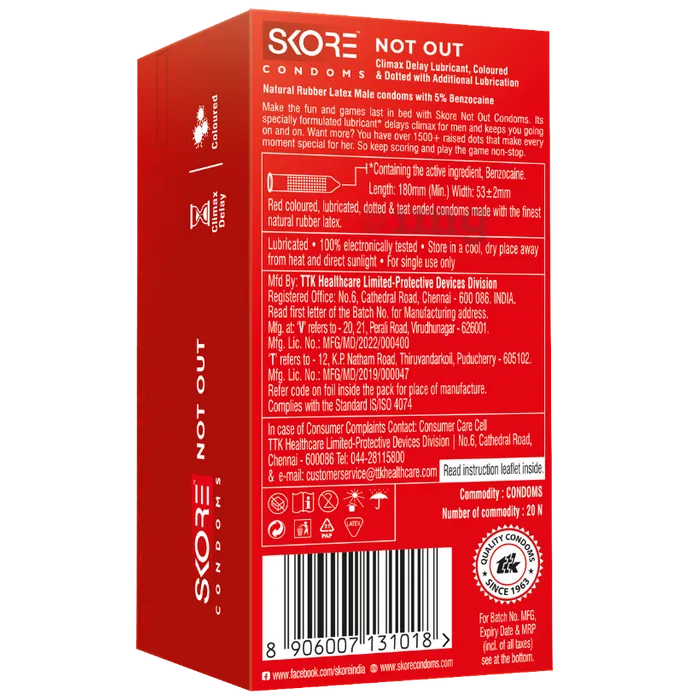 SKORE/ NOT OUT CONDOMS/ CLIMAX DELAY LUBRICANT WITH ADDITIONAL LUBRICATION (PACK OF 10)