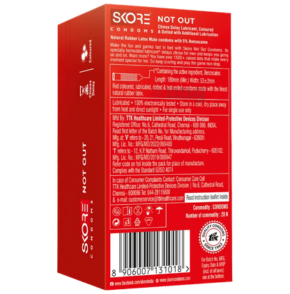 SKORE/ NOT OUT CONDOMS/ CLIMAX DELAY LUBRICANT WITH ADDITIONAL LUBRICATION (PACK OF 10)