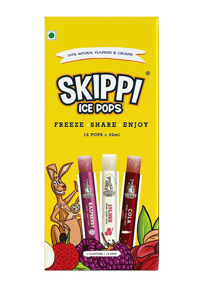 SKIPPI ICE POOPS/ 3 FLAVOURS/ 12POPSx32ml/ RASPBERRY, LYCHEE& COLA (384ml)