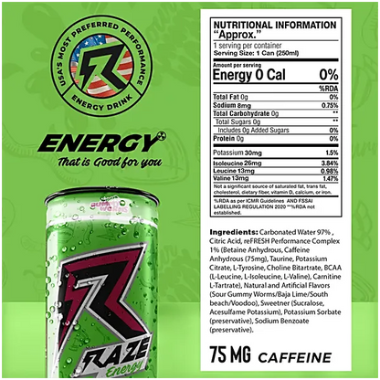 Raze Energy/ Sour Gummy Worms/ 0 Sugar 0 Calories(250ml)