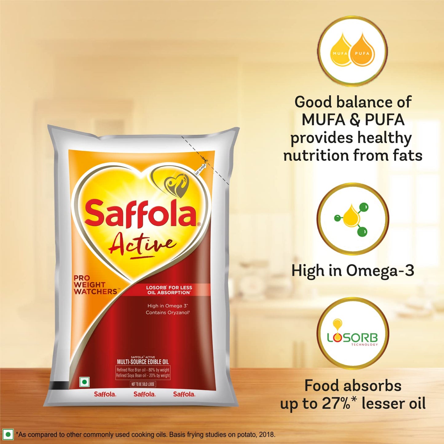 SAFFOLA ACTIVE/ MULTI SOURCE EDIBLE OIL/ WITH LOSORB FOR LESS OIL ABSORPTION(1lt POUCH)