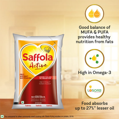 SAFFOLA ACTIVE/ MULTI SOURCE EDIBLE OIL/ WITH LOSORB FOR LESS OIL ABSORPTION(1lt POUCH)