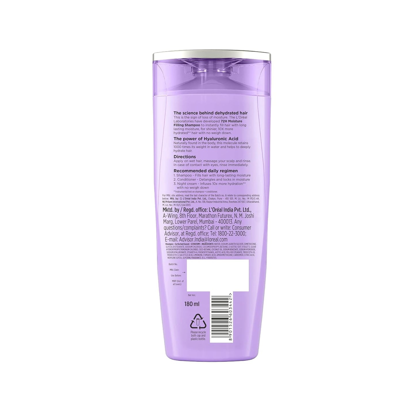 Loreal Paris/ Hyaluron Moisture/ 72H Moisture Filling Shampoo/ For Dehydrated Hair (180ml)