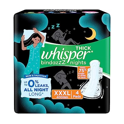 WHISPER THICK BINDAZZZ NIGHTS SANITARY PADS XxxL (4 PADS)